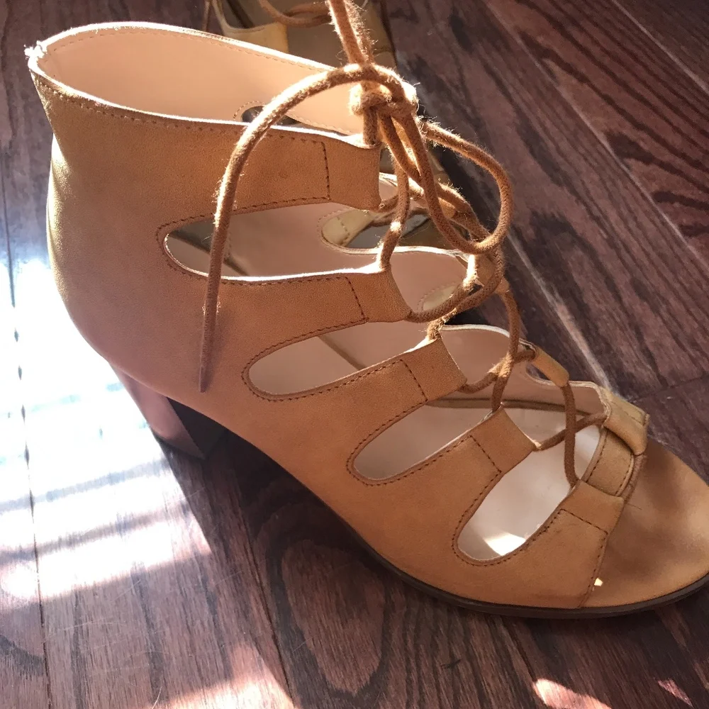 Lulu's Tan Lace-Up Cutout Block Heel Sandals